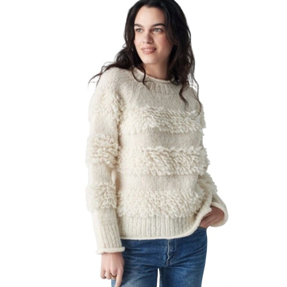 Faherty Polly Loop Fringe Alpaca Wool Sweater Cream Sz M Knit Pullover